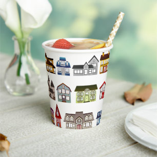 Farbenfrohe Häuser Open House Erwärmung Pappbecher