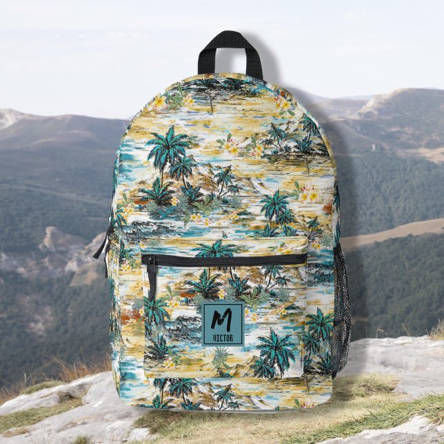 Farbenfrohe Hawaii Modernes Muster Gelb Blau Custo Bedruckter Rucksack (colordul hawaiian modern pattern yellow blue name custom printed backpack, back to school, gift idea)