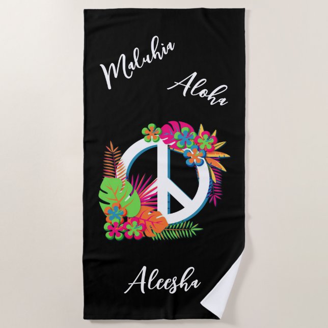 Farbenfrohe Hawaiian Tropical Peace Liebe Black Strandtuch (Vorderseite)
