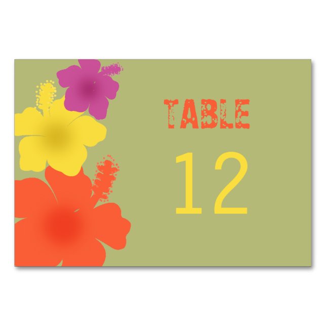 farbenfrohe hawaiianische Hibiskus-Hochzeitskarte Tischnummer (Vorderseite)
