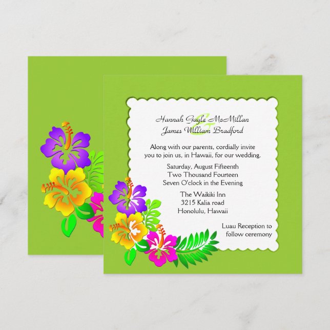 farbenfrohe hawaiianische Tropenhochzeit Einladung (Vorne/Hinten)
