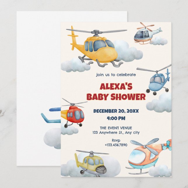 Farbenfrohe Helikopter-Babydusche Einladung (Vorne/Hinten)