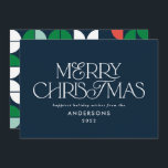 Farbenfrohe hellblaue Weihnachtsgeometrie Feiertagskarte<br><div class="desc">Farbenfrohe helle Spaß Frohe Weihnachten geometrische Typografie Drehbuch Urlaubsdesign. Rot,  Grün,  Marineblau und Rosa.</div>