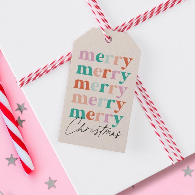 Farbenfrohe helle Moderne frohe Weihnachten Geschenkanhänger (modern and colorful merry Christmas typography gift tag)