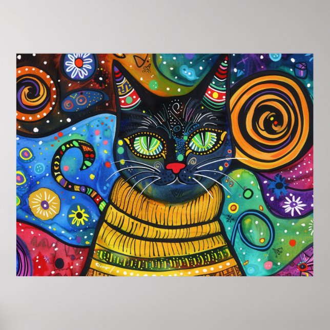 Farbenfrohe, helle Psychedelic Cat Wall Print Post Poster (Vorne)