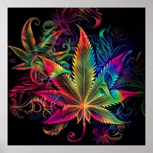 Farbenfrohe Helle Psychedelic Weed Wall Print Poster (Vorne)
