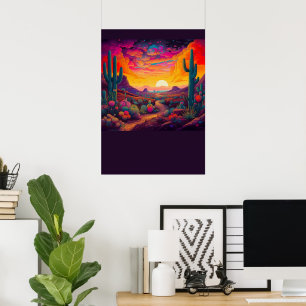 Farbenfrohe helle Psychedelic Wüstenszene Print Poster