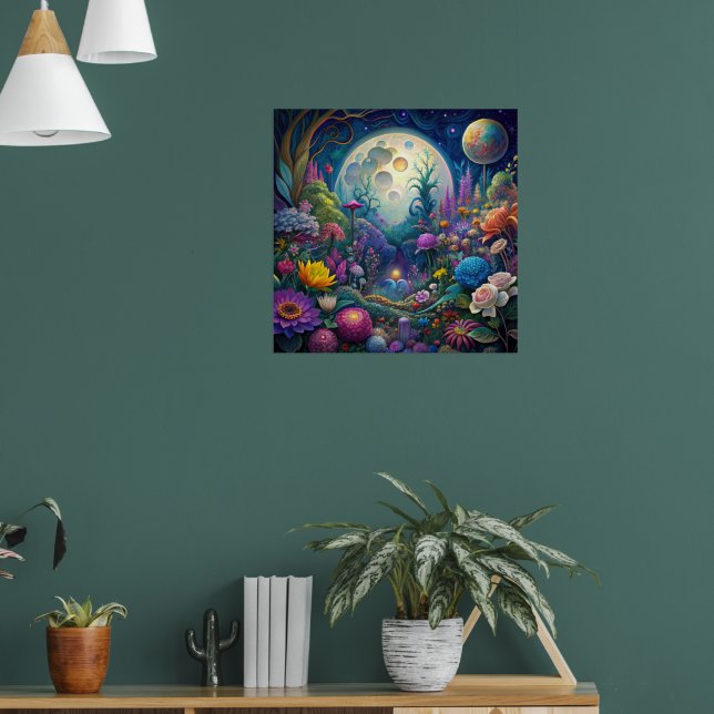 Farbenfrohe helle psychedelische Mondlichtwand dru Poster (Wohnzimmer 1)