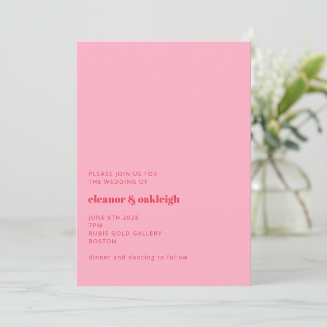 Farbenfrohe helle Rosa Moderne einfache Hochzeit Einladung (Stehend Vorderseite)