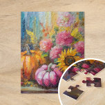 Farbenfrohe Herbstflorale und Pumpkins<br><div class="desc">Ein lebendiges, modernes abstraktes Gemälde, das eine spielerische Anordnung von Kürbissen, Sonnenblumen und anderen Herbstpflanzen zeigt. Reiche Herbstfarben wie verbranntes Orange, tiefes Rot, Rosa und goldenes Gelb harmonieren mit sanften Pinselstrichen und kühnen Farbspritzen. Der abstrakte Stil verleiht dem traditionellen Thema der Herbsternte einen zeitgenössischen Flair, der die Wärme und Schönheit...</div>