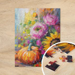 Farbenfrohe Herbstflorale und Pumpkins<br><div class="desc">Ein lebendiges, modernes abstraktes Gemälde, das eine spielerische Anordnung von Kürbissen, Sonnenblumen und anderen Herbstpflanzen zeigt. Reiche Herbstfarben wie verbranntes Orange, tiefes Rot, Rosa und goldenes Gelb harmonieren mit sanften Pinselstrichen und kühnen Farbspritzen. Der abstrakte Stil verleiht dem traditionellen Thema der Herbsternte einen zeitgenössischen Flair, der die Wärme und Schönheit...</div>