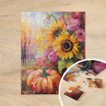 Farbenfrohe Herbstflorale und Pumpkins<br><div class="desc">Ein lebendiges, modernes abstraktes Gemälde, das eine spielerische Anordnung von Kürbissen, Sonnenblumen und anderen Herbstpflanzen zeigt. Reiche Herbstfarben wie verbranntes Orange, tiefes Rot, Rosa und goldenes Gelb harmonieren mit sanften Pinselstrichen und kühnen Farbspritzen. Der abstrakte Stil verleiht dem traditionellen Thema der Herbsternte einen zeitgenössischen Flair, der die Wärme und Schönheit...</div>