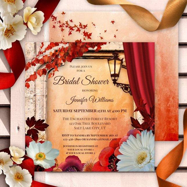 Farbenfrohe Herbstklassik Brautparty Einladung (Italian fall bridal shower invitation featuring festive flowers on a classic Mediterranean design)