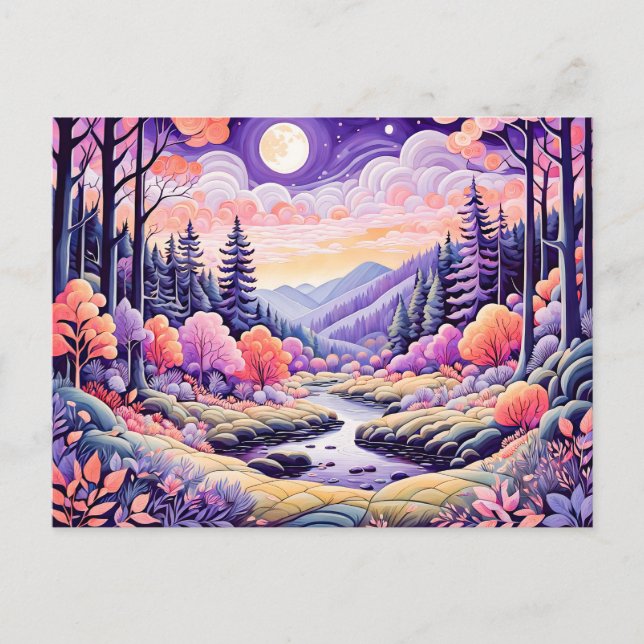 Farbenfrohe Herbstlandschaft mit Strom unter Monli Postkarte (Vorderseite)