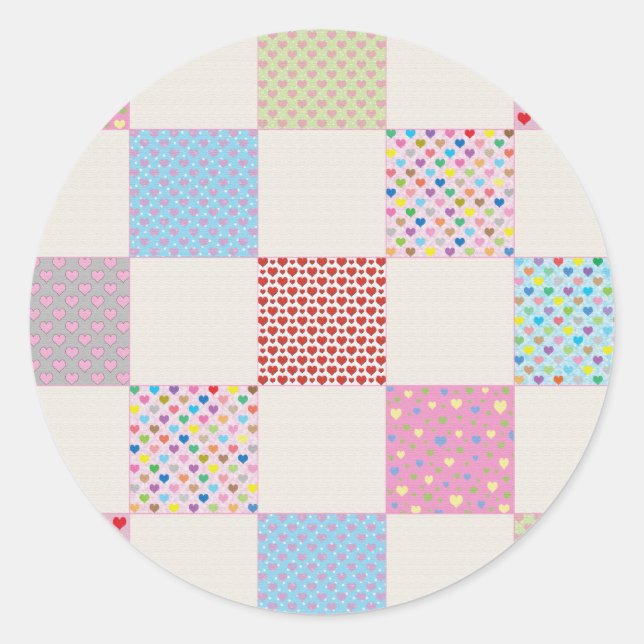 Farbenfrohe Herz-Quilt-Muster Runder Aufkleber (Vorderseite)