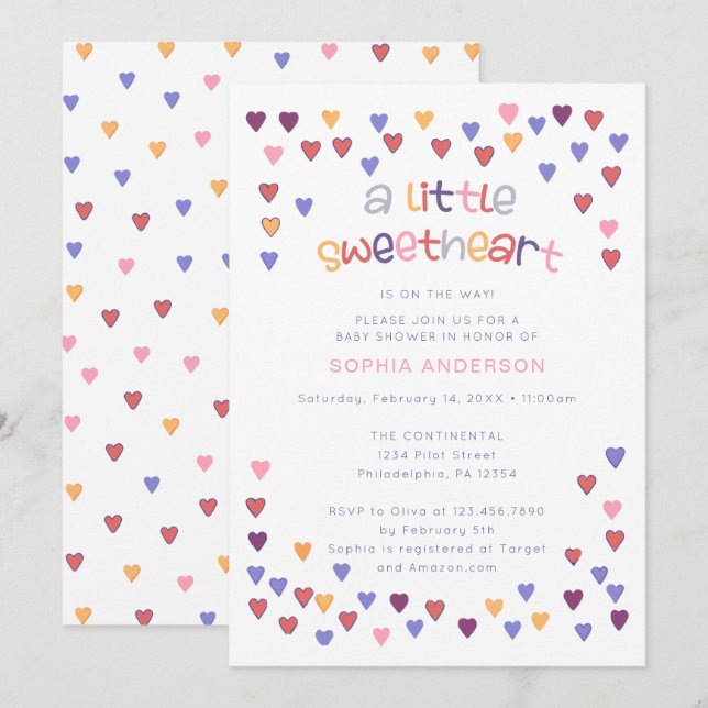 Farbenfrohe Herzen Eine kleine Sweetheart Babydusc Einladung (Vorne/Hinten)
