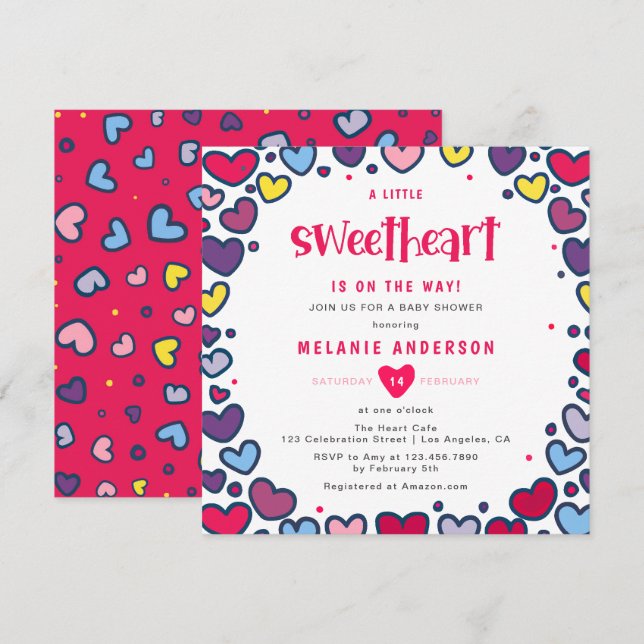 Farbenfrohe Herzen Eine kleine Sweetheart Babydusc Einladung (Vorne/Hinten)