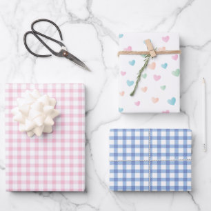 Farbenfrohe Herzen   Pastellrosa und Blauer Gingha Geschenkpapier Set