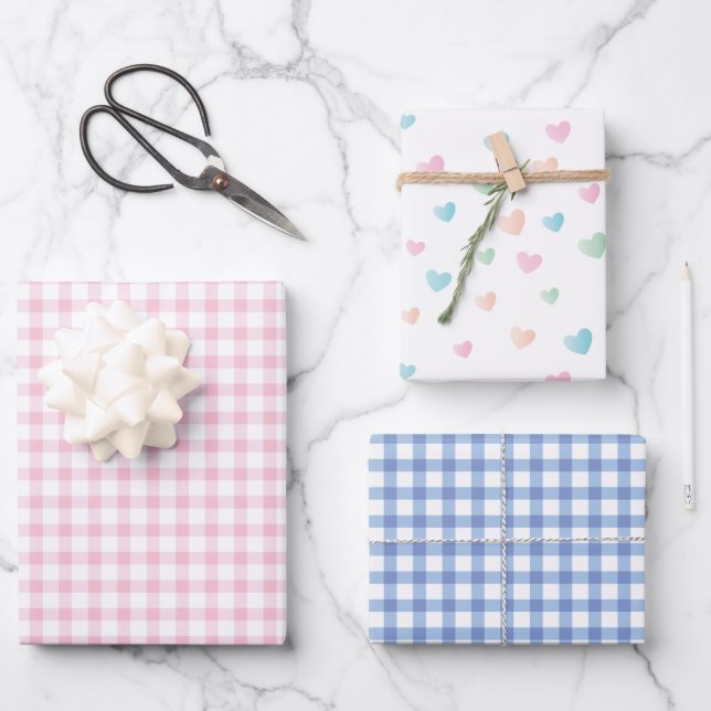 Farbenfrohe Herzen | Pastellrosa und Blauer Gingha Geschenkpapier Set (Vorderseite)
