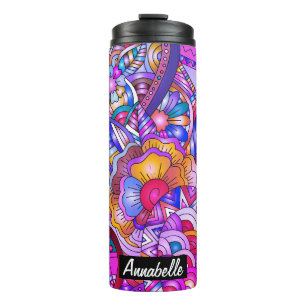 Farbenfrohe Herzen und Blume Abstrakt Personalisie Thermosbecher