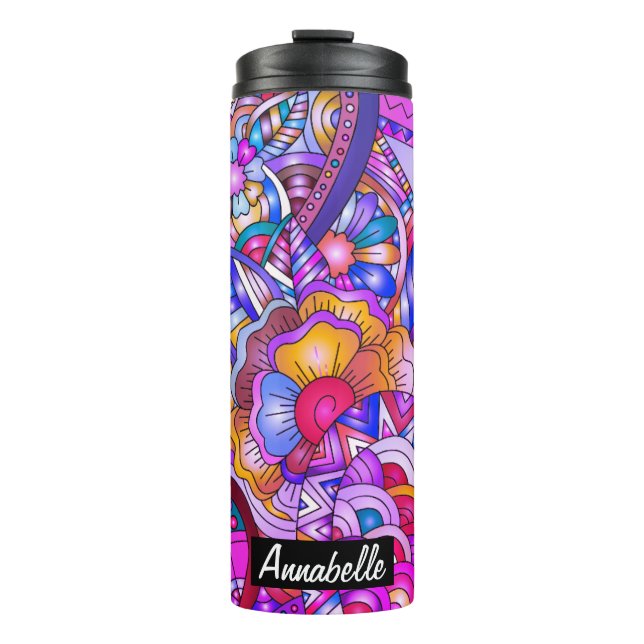 Farbenfrohe Herzen und Blume Abstrakt Personalisie Thermosbecher (Vorderseite)