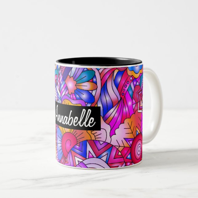 Farbenfrohe Herzen und Blume Abstrakt Personalisie Zweifarbige Tasse (VorderseiteRechts)