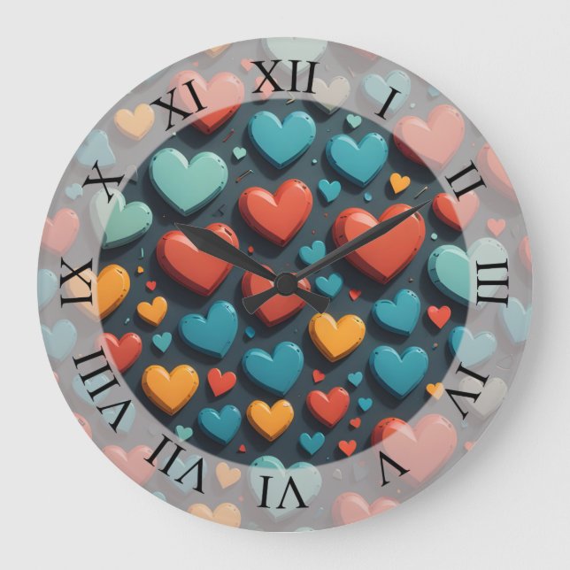 Farbenfrohe Herzen, Valentinische Kunst Große Wanduhr (Vorderseite)