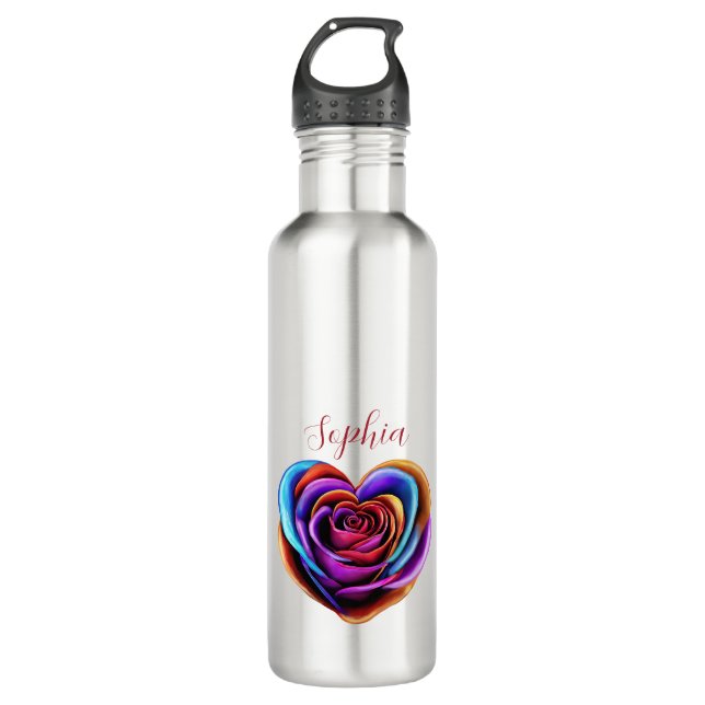 Farbenfrohe Herzform Rose- Edelstahlflasche (Vorderseite)