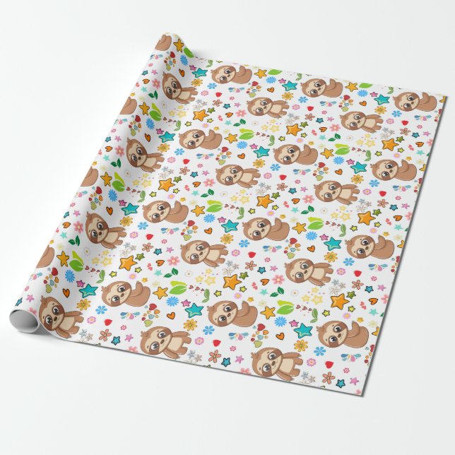 Farbenfrohe Herzstars Sloth Pattern Baby Birthday Geschenkpapier (Ungerollt)