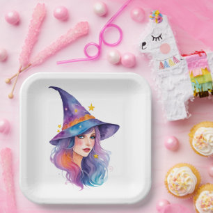 Farbenfrohe Hexe Zeichnend Halloween Pappteller