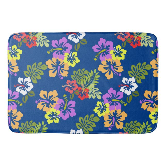 Farbenfrohe Hibiskus Blume Muster in Blau Badematte (Vorderseite)