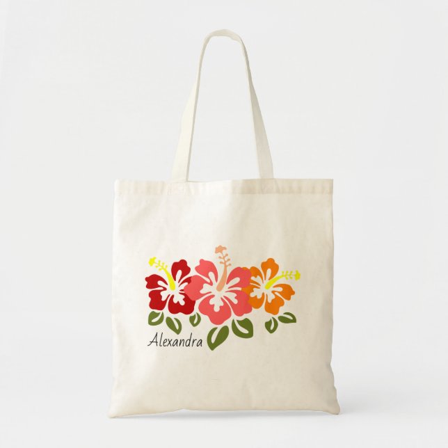 Farbenfrohe Hibiskus Trio Personalisiert Tragetasche (Vorne)