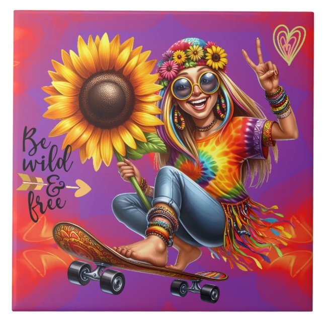 Farbenfrohe Hippie Chic Wilde Keramik Tile Fliese (Vorderseite)