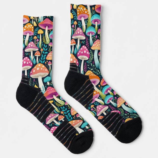 Farbenfrohe Hippie-Pilze mit Blütenfarbe und blau Socken (Rechts)