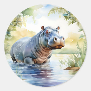 Farbenfrohe Hippopotamus Wasserfarbe Runder Aufkleber