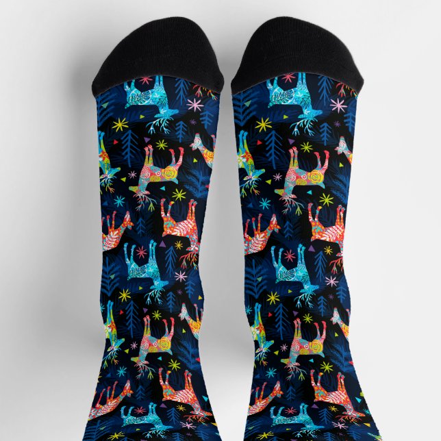 Farbenfrohe HirschChrismas Bäume Snowflakes Socken (Oben)