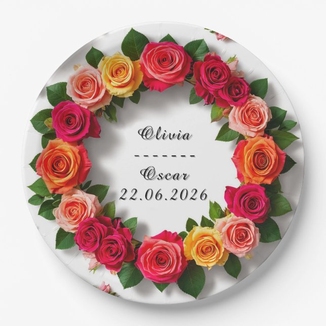 Farbenfrohe Hochzeit Blumenreath Pappteller (Vorderseite)