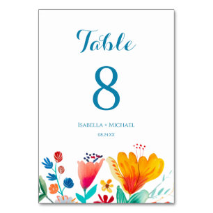 farbenfrohe Hochzeit mit floralem Wasser Tischnummer