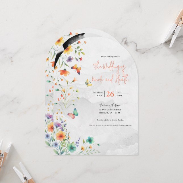 Farbenfrohe Hochzeit mit floralen Butterfly Einladung (Vorderseite/Rückseite Beispiel)