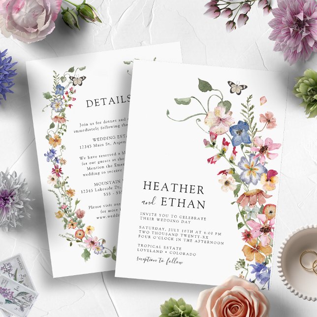 Farbenfrohe Hochzeit mit floralen Einflüssen Einladung (Watercolor Vintage Colorful Wildflower Wedding Invitation with Details by Painted Paperie)