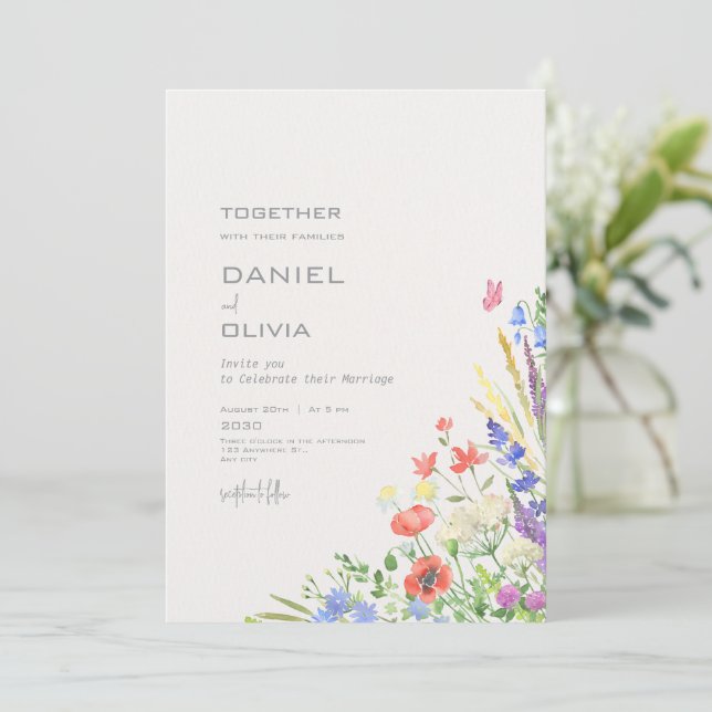 farbenfrohe Hochzeit mit floralen Wasserfarben Einladung (Stehend Vorderseite)