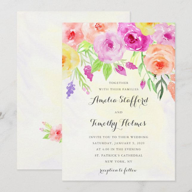 farbenfrohe Hochzeit mit floralen Wasserfarben Einladung (Vorne/Hinten)