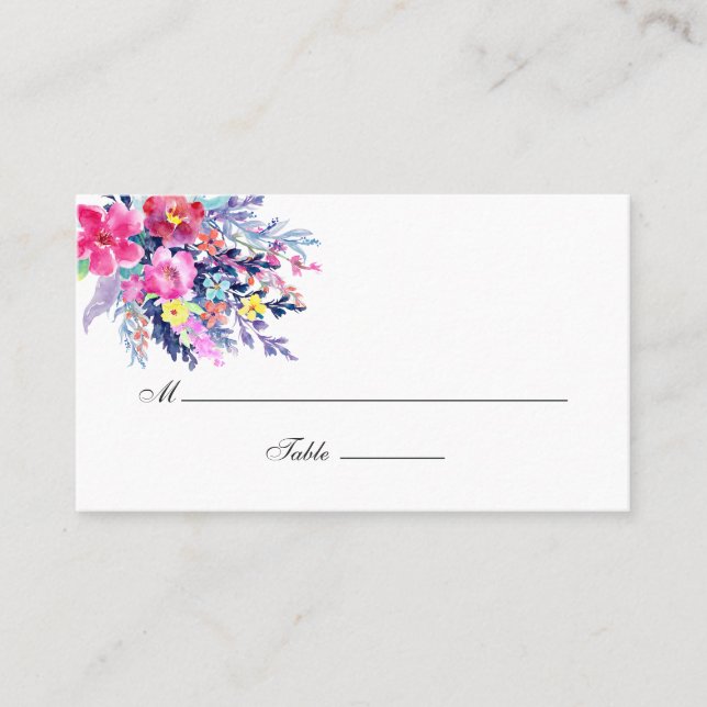 farbenfrohe Hochzeit mit floralen Wasserfarben Platzkarte (Vorderseite)
