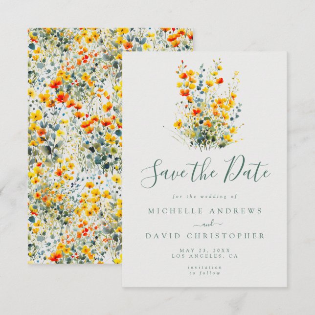farbenfrohe Hochzeit mit floralen Wasserfarben Save The Date (Vorne/Hinten)