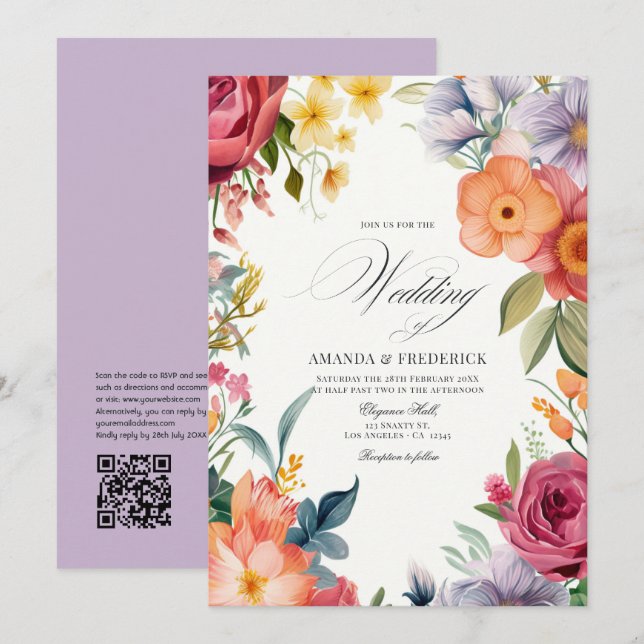 Farbenfrohe Hochzeit mit QR-Code Einladung (Vorne/Hinten)