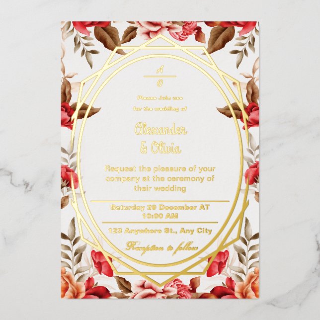 Farbenfrohe Hochzeit Moderner botanischer Blumenga Folieneinladung (Vorderseite)