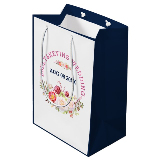 Farbenfrohe Hochzeitsblumen Bouquet & Text Mittlere Geschenktüte (Rückseite Schrägansicht)