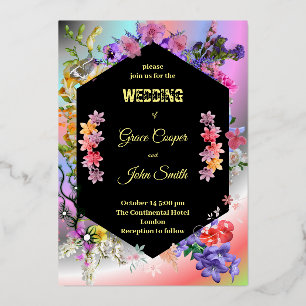 Farbenfrohe Hochzeitskarte mit Blumen Folieneinladung