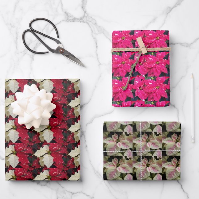 Farbenfrohe Holiday Poinsettias Blumenmuster Geschenkpapier Set (Vorderseite)