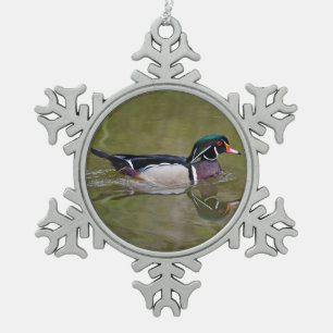 Farbenfrohe Holzente Schneeflocken Zinn-Ornament